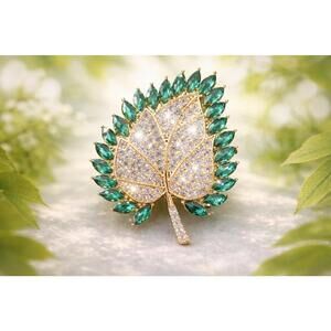 Emerald Green Clear Rhinestone Leaf Brooch Gold Tone, Sparkly FREE SHIPPING